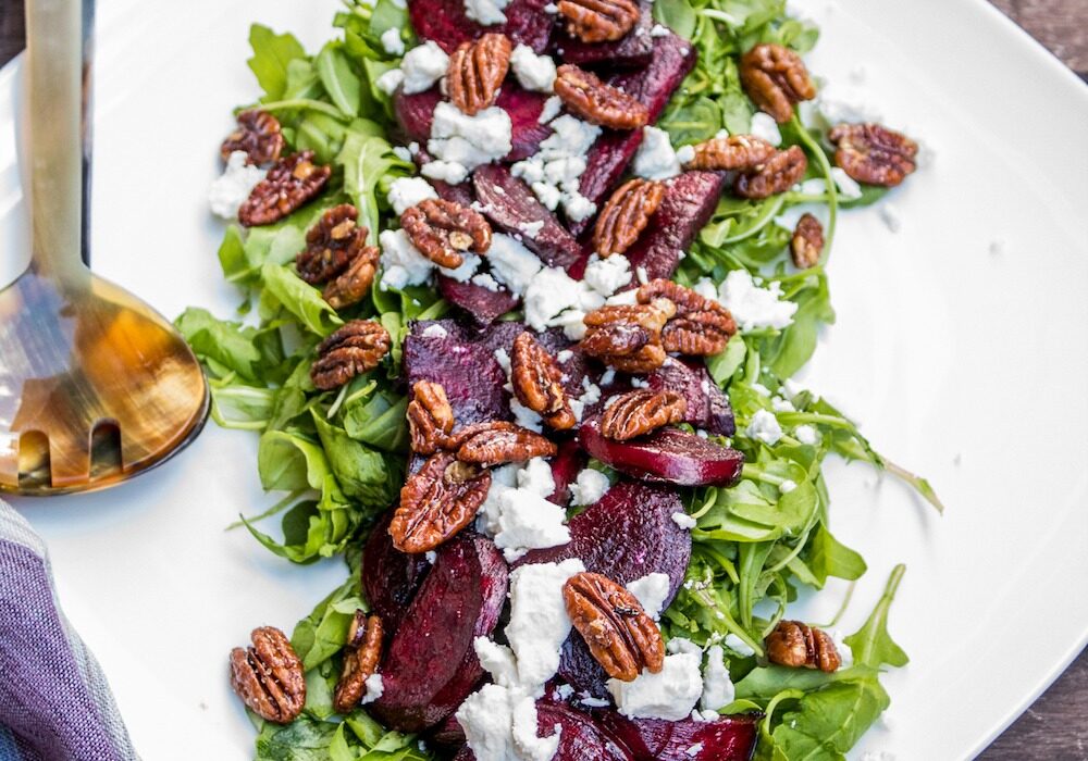 Roasted Balsamic Beet Salad with Arugula, Goat Cheese and Caramelised Pecans