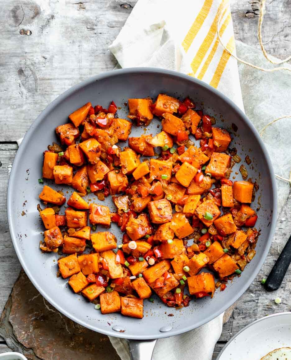 Sweet Potato Hash &amp; Sriracha Honey-Glazed Brussels Sprouts | BREADA